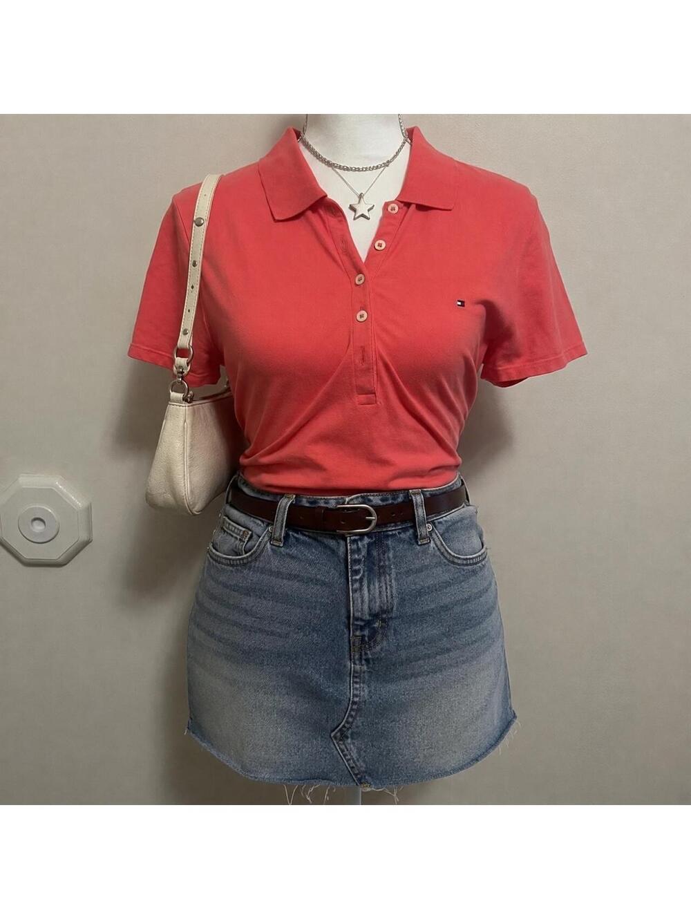 Tommy Hilfiger Coral Pink Fitted Polo Shirt Women's Y2K Preppy Classic Top